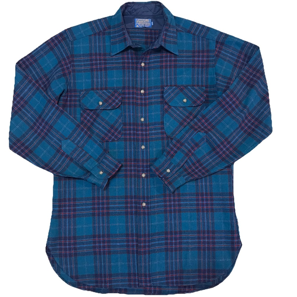 Pendleton Vintage Men's‎ Large Long Plaid Long Sleeve Button Up 100% Wool
